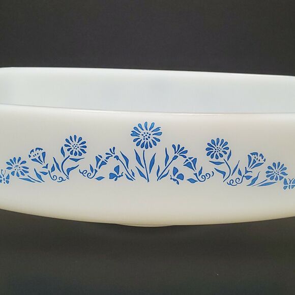 Vintage Federal Oven Proof White Milk Glass Blue Lady Michelle Floral Loaf Dish - Picture 2 of 9